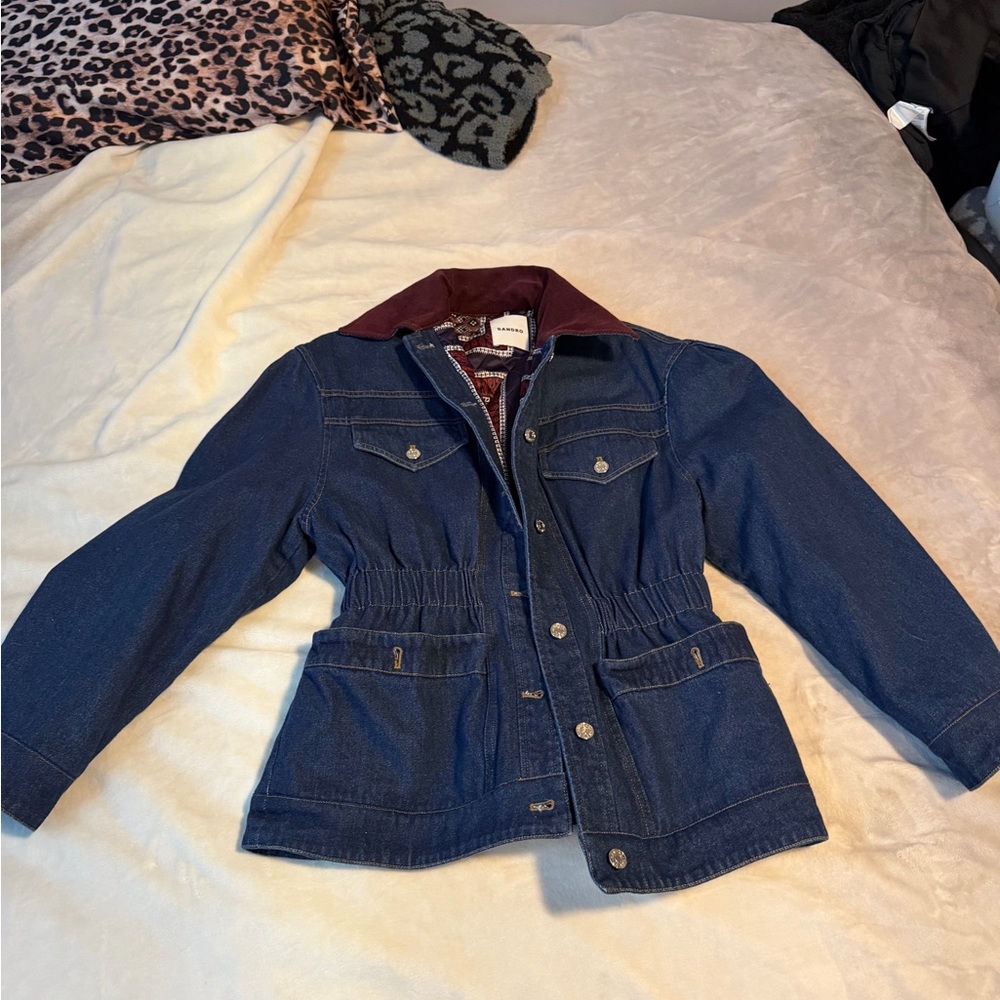 Sandro Denim Jacket with Rich Burgundy Collar